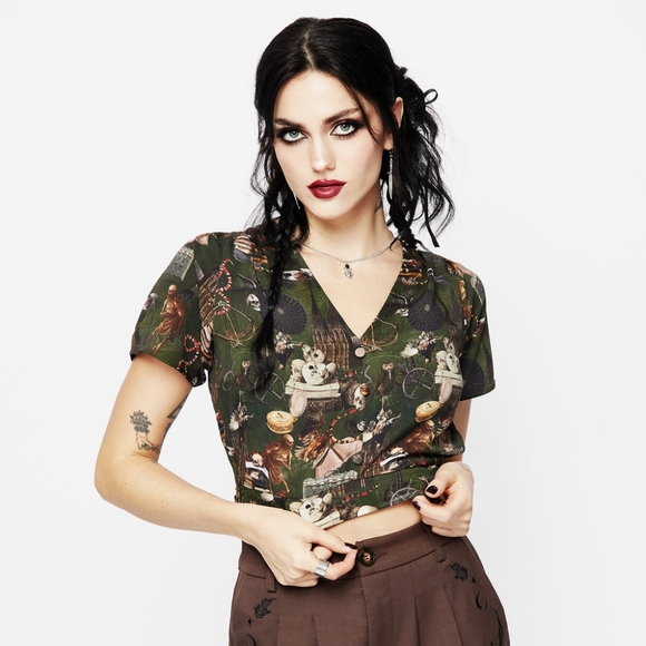 Maleficium Printed Button Up Crop Top - Picture 2 of 7